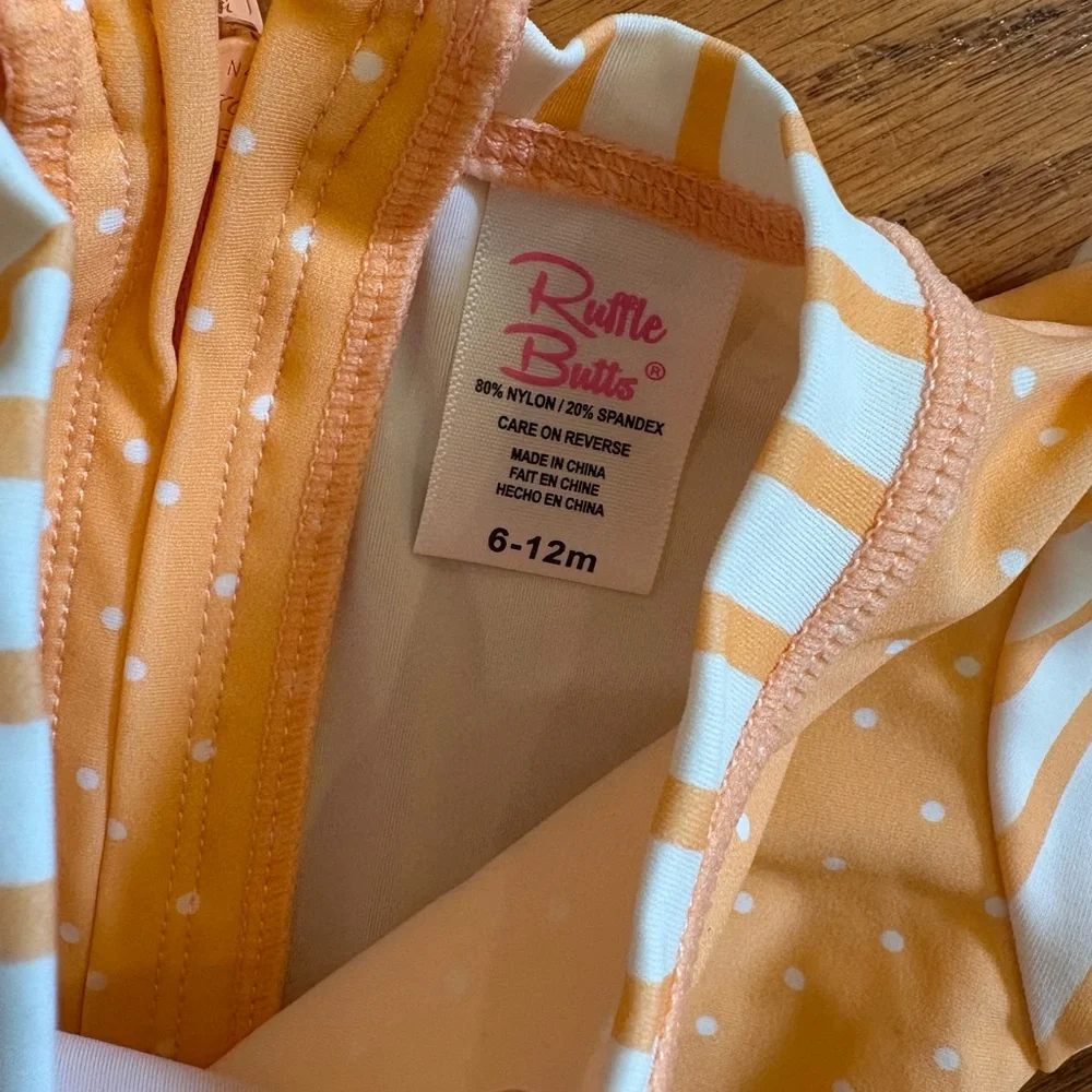 RuffleButts Orange Polka Dot Long Sleeve Rash Guard One-Piece Swimsuit 6-12M